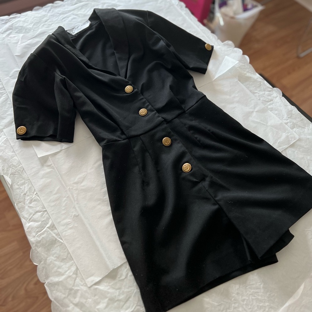 VTG MINT 90s tailored black romper suit gold buttons collar shoulder pads custom